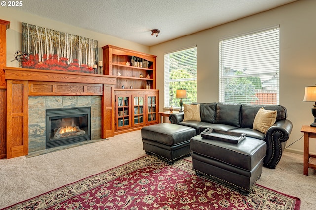 1551 S 14th Cir, Ridgefield, WA 98642 - living room featuring carpet flooring, a fireplace, and a textured ceiling