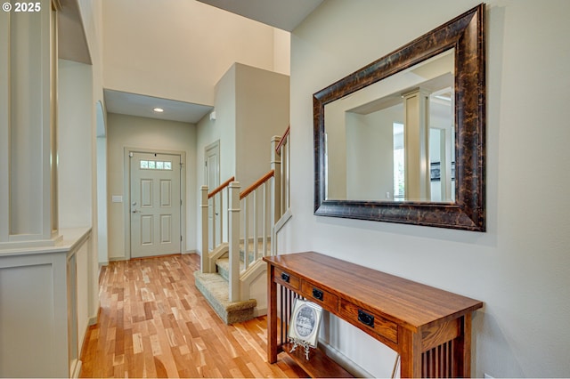1551 S 14th Cir, Ridgefield, WA 98642 - entrance foyer with decorative columns, light wood-style flooring, stairs, and recessed lighting