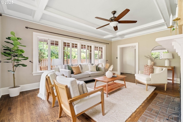2340 SW Dolph Ct, Portland, OR 97219 - living room with coffered ceiling, a ceiling fan, baseboards, beamed ceiling, and crown molding