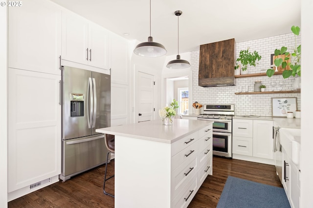 2340 SW Dolph Ct, Portland, OR 97219 - kitchen featuring appliances with stainless steel finishes, open shelves, dark wood-style flooring, and tasteful backsplash