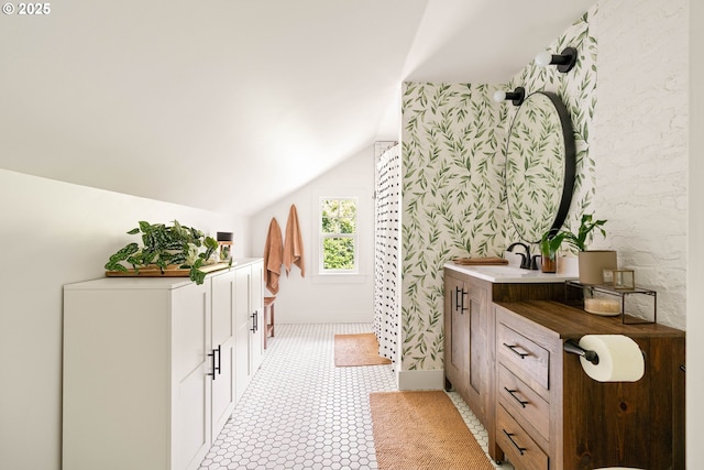 2340 SW Dolph Ct, Portland, OR 97219 - bathroom with vanity and vaulted ceiling