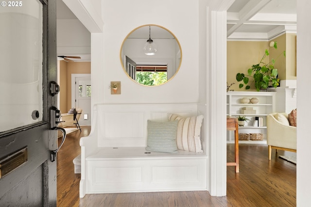 2340 SW Dolph Ct, Portland, OR 97219 - entryway with ornamental molding, wood finished floors, beam ceiling, ceiling fan, and coffered ceiling