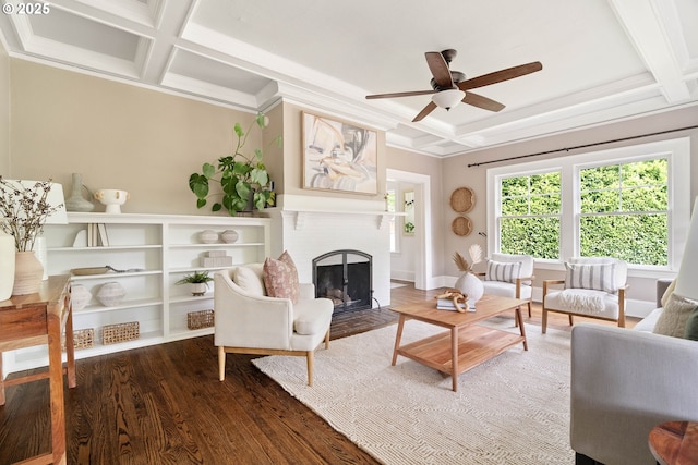 2340 SW Dolph Ct, Portland, OR 97219 - living area featuring coffered ceiling, a brick fireplace, ornamental molding, a ceiling fan, and wood finished floors