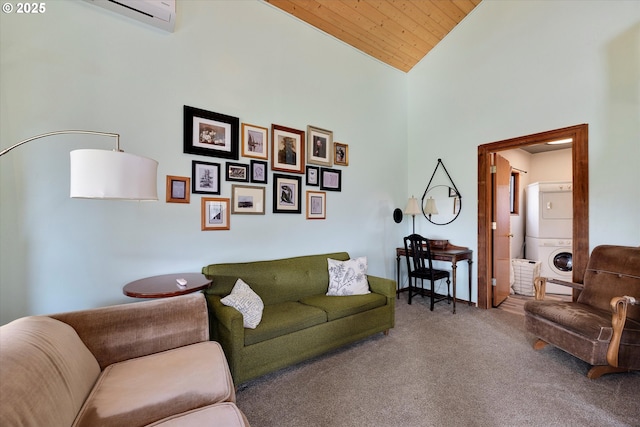 living area featuring high vaulted ceiling, a wall unit AC, carpet floors, wood ceiling, and stacked washer / drying machine