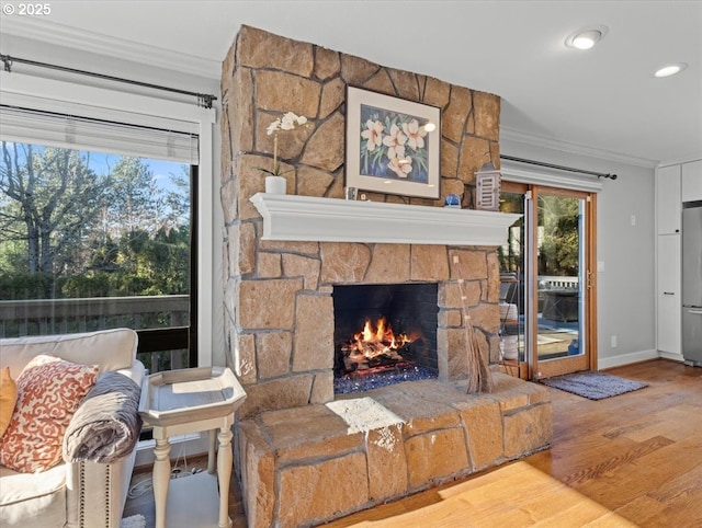 living room featuring a stone fireplace, wood finished floors, a wealth of natural light, and crown molding