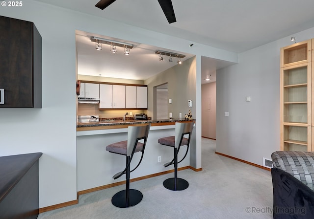 305 S Montgomery St Unit 404, Portland, OR 97201 - kitchen with dark countertops, under cabinet range hood, light carpet, a kitchen bar, and white cabinetry