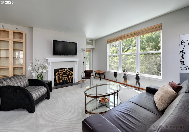 305 S Montgomery St Unit 404, Portland, OR 97201 - living room featuring carpet, a fireplace with flush hearth, and an AC wall unit