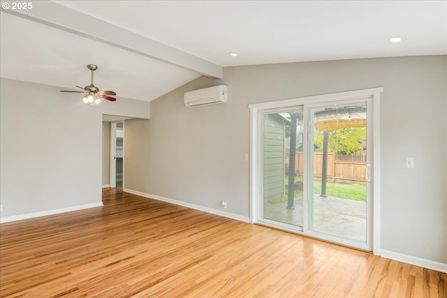 empty room with vaulted ceiling with beams, baseboards, light wood finished floors, and a wall mounted AC