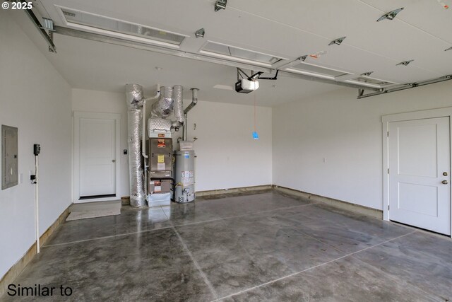 458 NE Cedar St, Sublimity, OR 97385 - garage featuring gas water heater, a garage door opener, electric panel, and heating unit