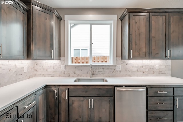 458 NE Cedar St, Sublimity, OR 97385 - kitchen featuring a sink, dishwasher, decorative backsplash, and dark brown cabinetry