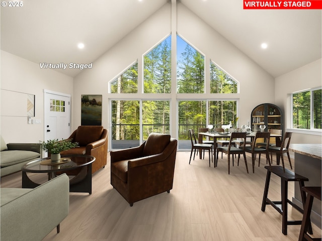interior space with light wood-style flooring and high vaulted ceiling
