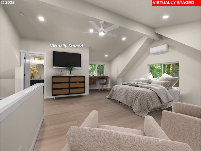 bedroom with light wood finished floors, lofted ceiling with beams, baseboards, recessed lighting, and a wall mounted air conditioner