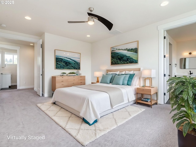 2650 NW Mt Ashland Dr, Mcminnville, OR 97128 - carpeted bedroom with recessed lighting, baseboards, and ceiling fan