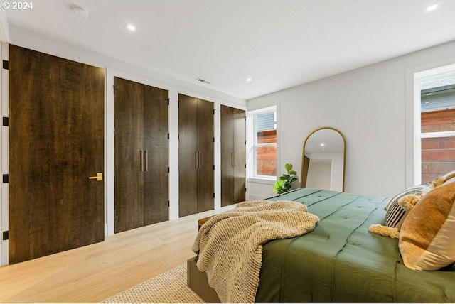 bedroom with two closets and wood-type flooring