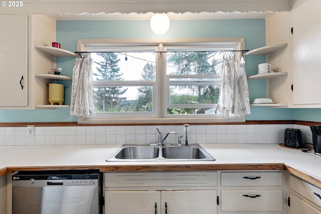 3505 Donald St, Eugene, OR 97405 - kitchen featuring open shelves, dishwasher, a sink, white cabinetry, and decorative backsplash