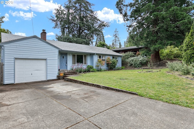 3505 Donald St, Eugene, OR 97405 - single story home with an attached garage, a front lawn, a chimney, driveway, and a shingled roof