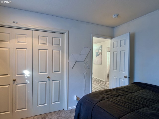 bedroom featuring carpet and a closet