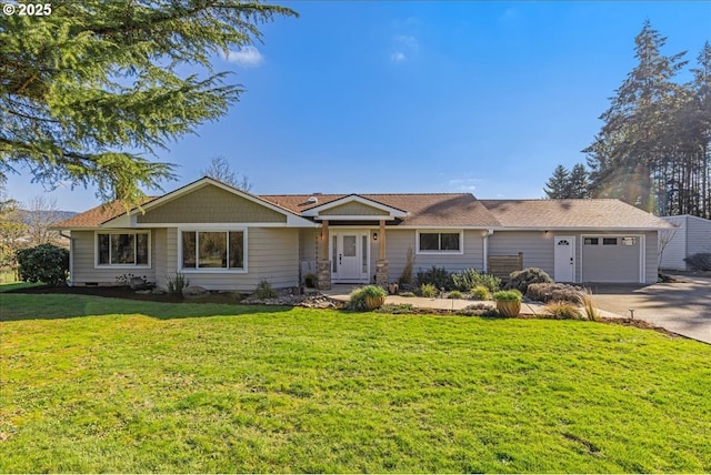 ranch-style house featuring a garage, concrete driveway, and a front lawn