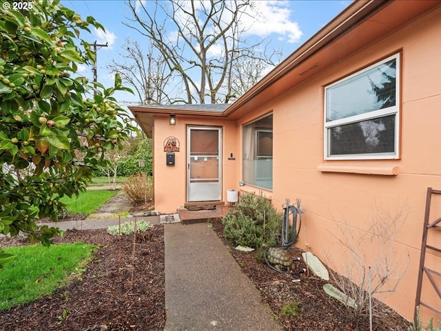 doorway to property featuring stucco siding