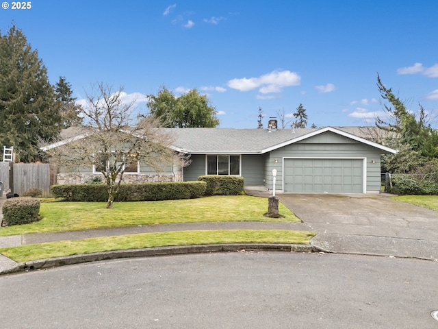 single story home with a garage and a front yard