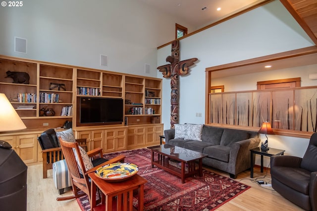 390 Singing Waters Rd, Winchester, OR 97495 - living area with light wood-type flooring, a towering ceiling, and recessed lighting