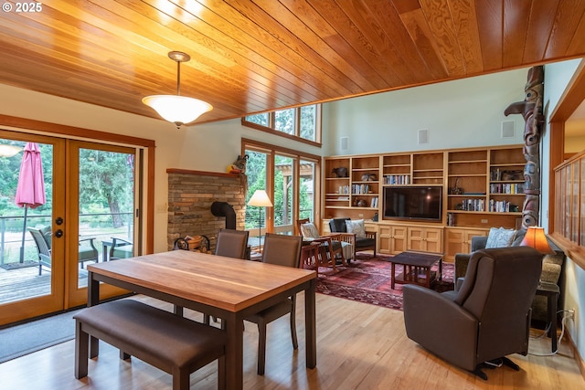 390 Singing Waters Rd, Winchester, OR 97495 - dining space with wooden ceiling, french doors, and light wood-style flooring