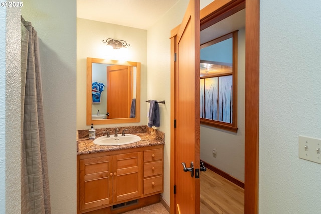 390 Singing Waters Rd, Winchester, OR 97495 - bathroom with vanity, baseboards, curtained shower, and wood finished floors
