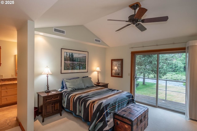 390 Singing Waters Rd, Winchester, OR 97495 - bedroom with access to exterior, lofted ceiling, light colored carpet, and a ceiling fan