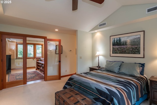 390 Singing Waters Rd, Winchester, OR 97495 - bedroom featuring vaulted ceiling, light carpet, recessed lighting, baseboards, and ceiling fan