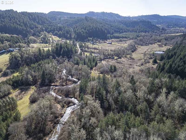 drone / aerial view featuring a mountain view and a wooded view