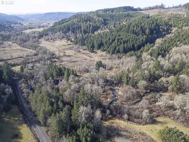 drone / aerial view featuring a wooded view and a mountain view