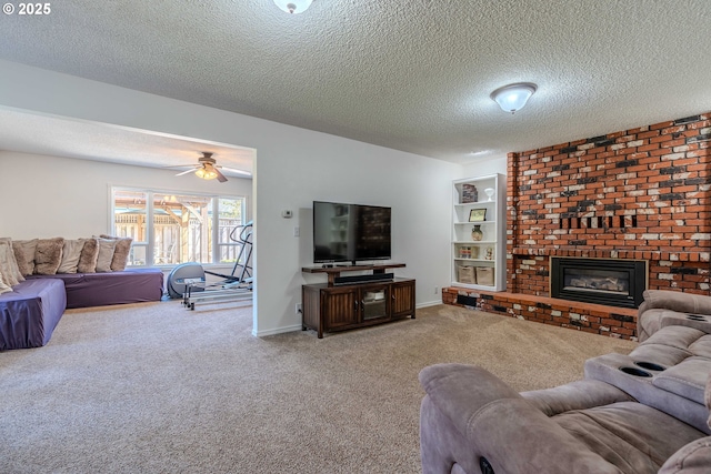 carpeted living room with a brick fireplace, a textured ceiling, and ceiling fan