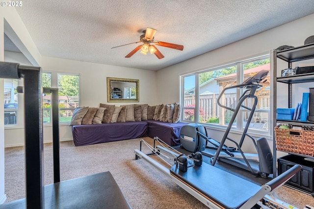 exercise room with carpet floors, a textured ceiling, ceiling fan, and plenty of natural light