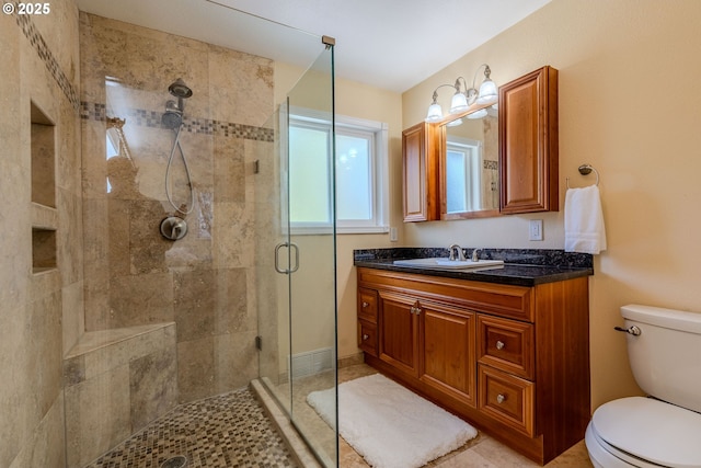 bathroom with vanity, a stall shower, and toilet