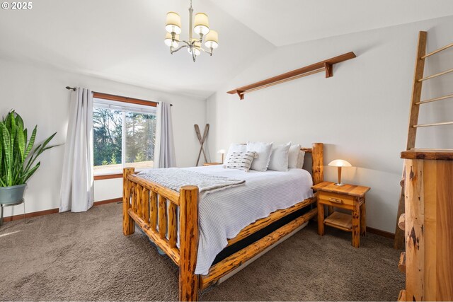 carpeted bedroom featuring vaulted ceiling and an inviting chandelier