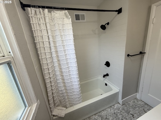9036 SE Washington St, Portland, OR 97216 - bathroom with shower / bathtub combination with curtain and tile patterned floors