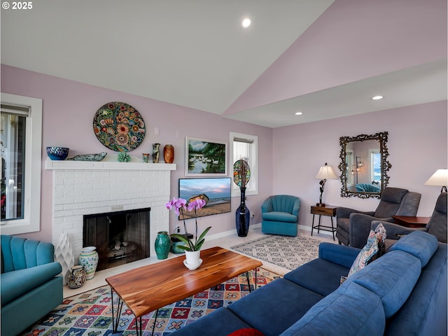 3764 Pacific Ave, Cannon Beach, OR 97110 - living area featuring recessed lighting, lofted ceiling, and a fireplace