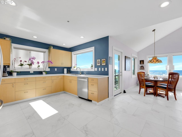 3764 Pacific Ave, Cannon Beach, OR 97110 - kitchen featuring stainless steel dishwasher, light brown cabinets, light marble finish flooring, light countertops, and recessed lighting