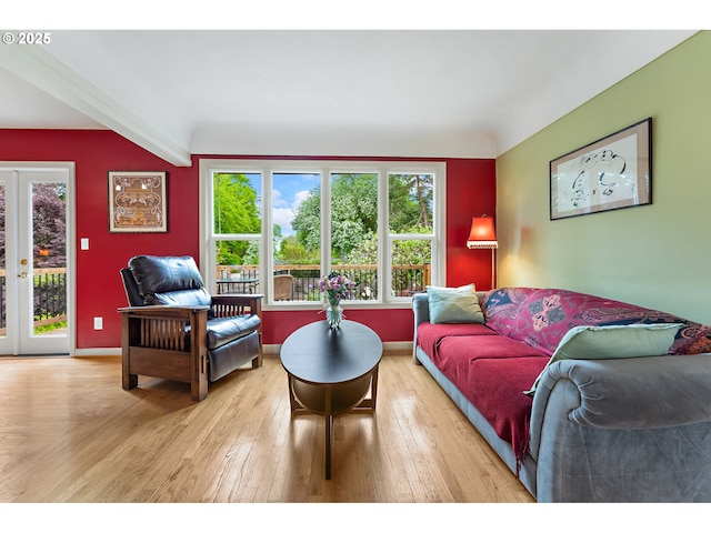living room featuring baseboards, french doors, and wood finished floors
