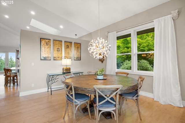 800 Rosemont Rd, West Linn, OR 97068 - dining space with lofted ceiling, light wood finished floors, baseboards, a chandelier, and recessed lighting