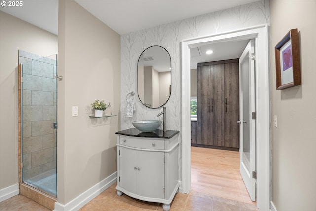 800 Rosemont Rd, West Linn, OR 97068 - bathroom featuring vanity, a stall shower, baseboards, and recessed lighting