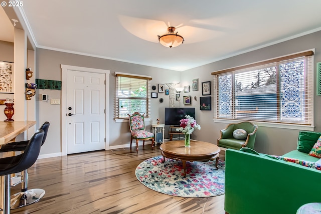 living area with wood finished floors, baseboards, and ornamental molding