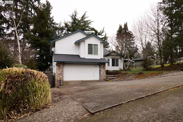 view of front of house featuring a garage, brick siding, roof with shingles, and driveway