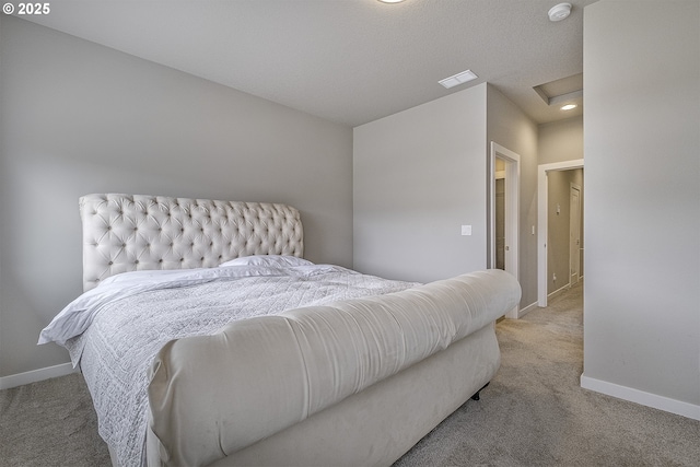 carpeted bedroom with visible vents, attic access, baseboards, and recessed lighting