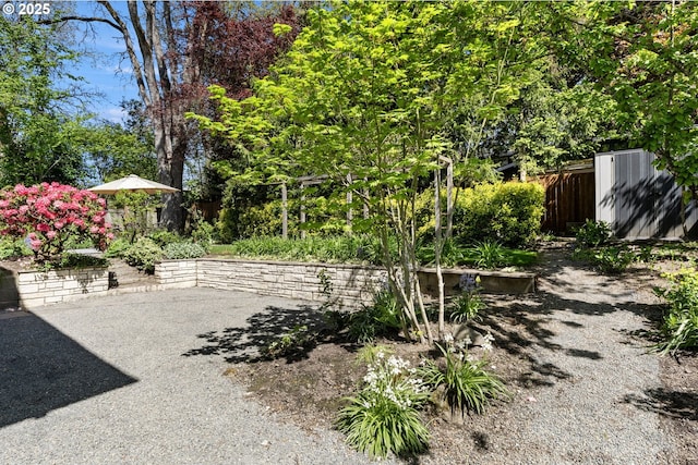 view of yard featuring fence and a patio