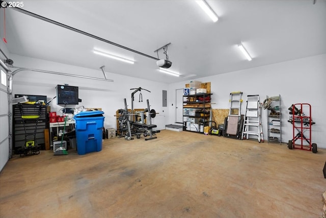 garage with electric panel and a garage door opener