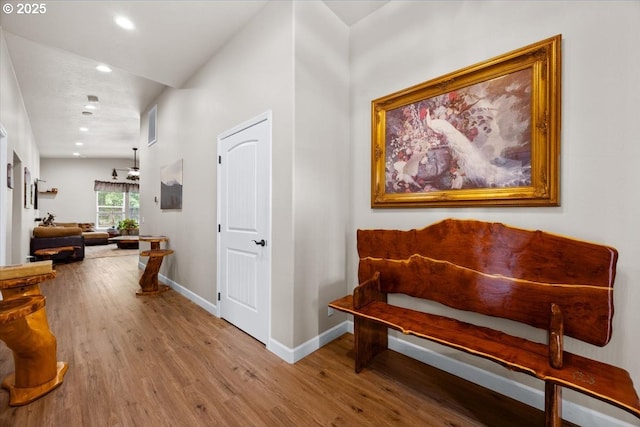 hall featuring wood finished floors, baseboards, and recessed lighting