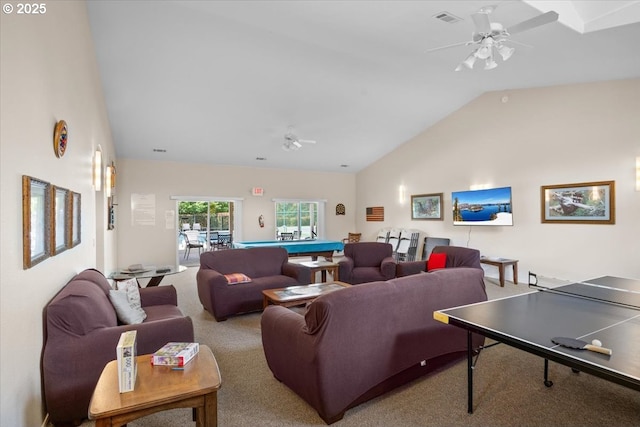 living room featuring a ceiling fan, carpet flooring, billiards table, and high vaulted ceiling