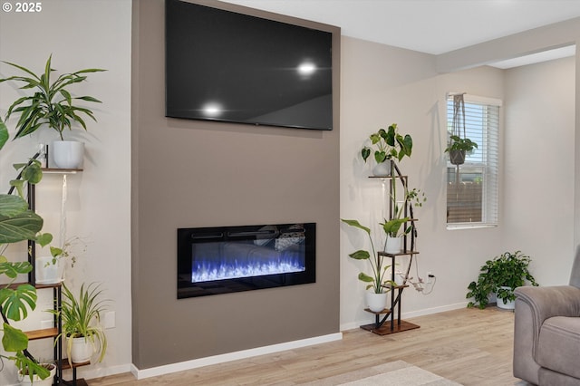 4829 Surveyor Ave, Salem, OR 97305 - living area featuring wood finished floors, a glass covered fireplace, and baseboards
