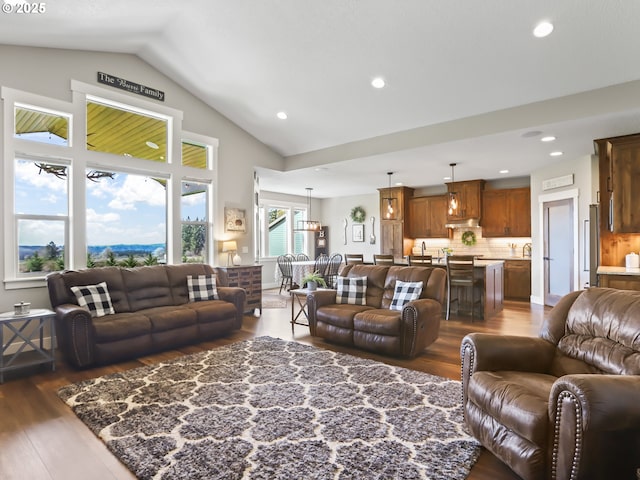 29349 SE Sunview Ln, Estacada, OR 97023 - living area featuring dark wood-style flooring, recessed lighting, and high vaulted ceiling
